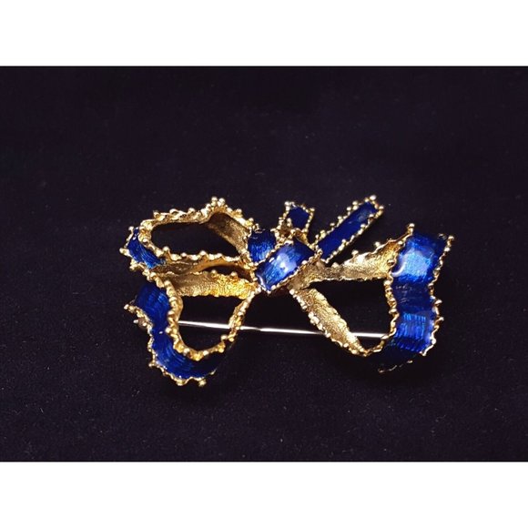 Vintage Victorian Tiffany & Co 18K Solid Yellow Gold Blue Enamel Bow Brooch Pin - Picture 7 of 16